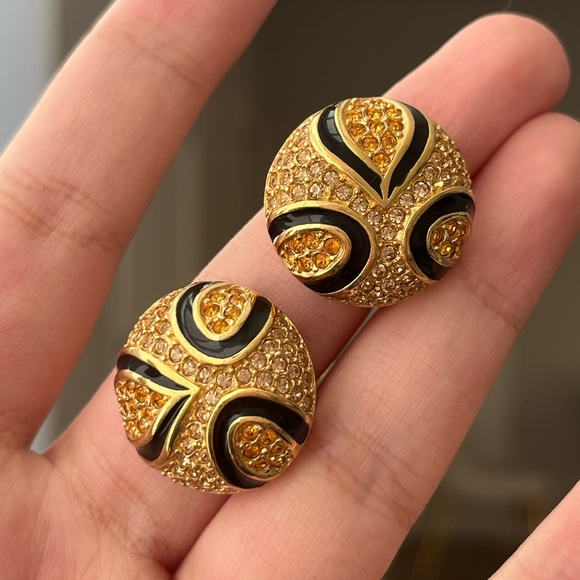 Vintage Christian Dior Yellow Rhinestone Arabesque Black Enamel Clip-On Earrings - Picture 1 of 7